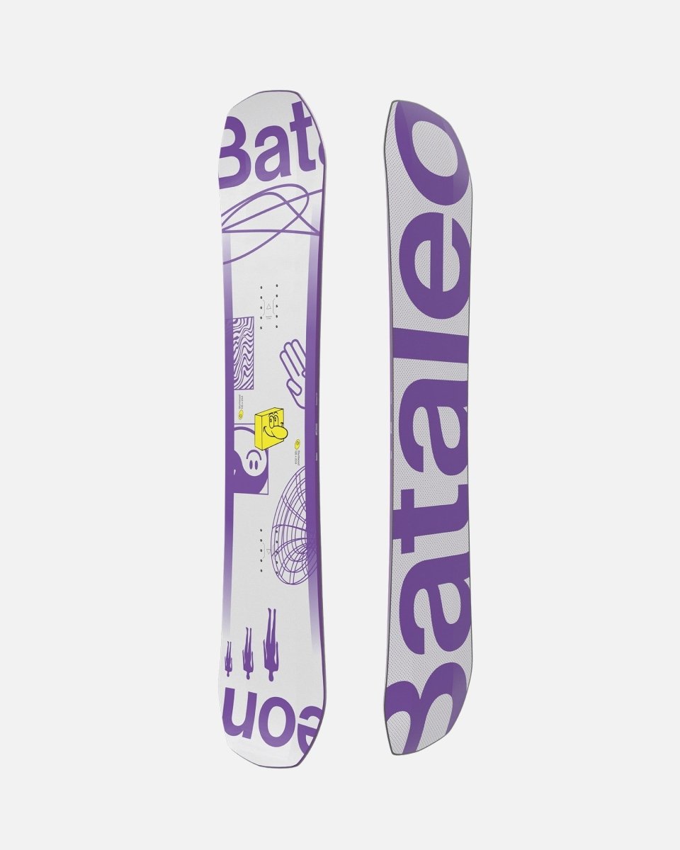 Children snowboard in purple and white. Stuntwood 2025 | Bataleon Snowboards™ 2025.